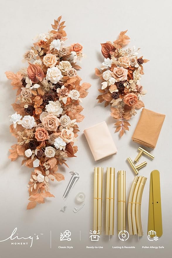 Ling's moment Wedding Arch Backdrop Stand with Flowers - 7.2FT Metal Arch Frame with Drapes for Ceremony Decor - Artificial Floral Birthday Party, Bridal Shower, Indoor Outdoor Arbor, Rust Boho