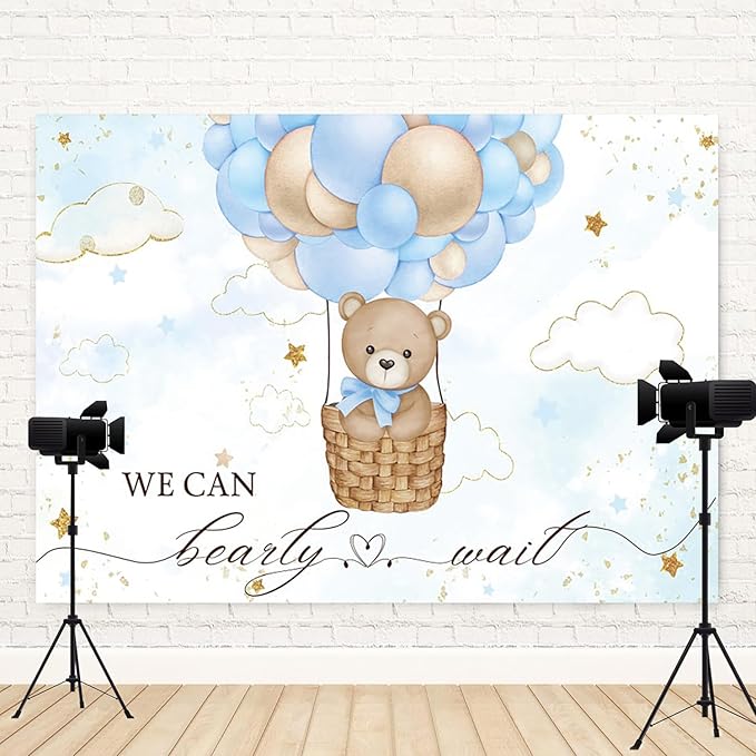 15x8ft Baby Shower Backdrop Bear Hot Air Balloon Photography Background Blue Brown Balloons White Cloud Glitter Gold Stars Birthday Party Banner Decorations Newborn Parties Photo Booth Prop