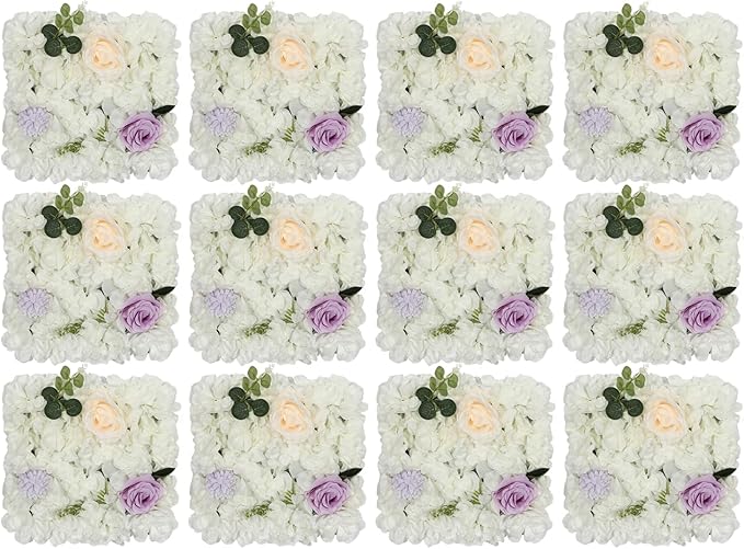Flower Wall Panel Set,Artificial Wall Flower Backdrop,12 Pcs 15" X 15" 3D Silk Hydrangea Rose Floral Panel,Faux Roses Artificial Flower Backdrop for Wall Decor (12 PCS White&Purple)