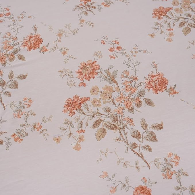 Zusbest Queen Sheet Set 100% Percale Cotton Orange Floral Bed Sheet Set, Brushed for Extra Softness, Luxury Flannel Sheets Like Shabby Vintage Flower Print Deep Pocket Sheets 17.5'' 4 Pcs