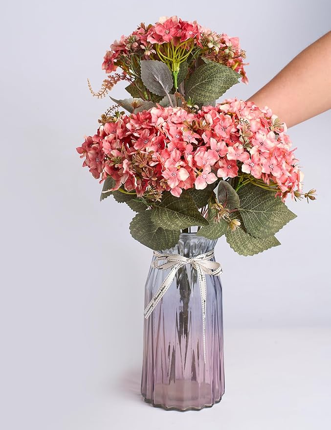 Hydrangea Artificial Flower 3pcs Realistic Faux Silk Hydrangeas Fake Flowers Bouquets Arrangements Decor for Wedding Spring Mother's Day, Home Table Decorations, Sunset Pink Flower