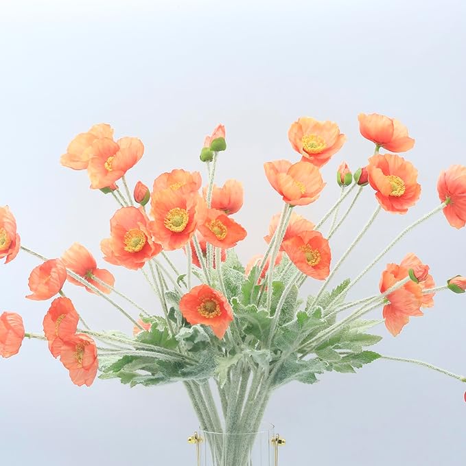 2 Pcs Artificial Fake Flowers Plants Poppies Silk Flower Arrangements Wedding Bouquets Decorations Plastic Floral Table Centerpieces for Home Kitchen Garden Party Decor Approx 23.6" High - Dark Coral