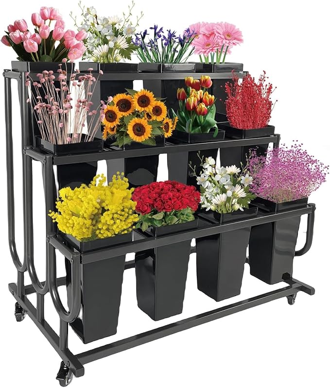 Tongmo 3-Tier Movable Plant Cart - Heavy Duty Flower Rack with 12 Buckets - Perfect for Shops, Homes, Cafes, and Offices