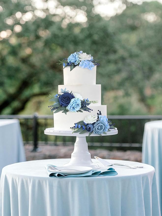 Rinlong 3Pcs Pre-made Cake Flowers Navy Blue Cake Decorations Wedding Cake Decorating Flowers Decor Christening Birthday Baby Shower Baptism Party Cake Toppers