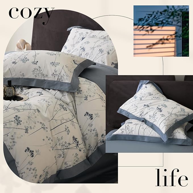 HighBuy Garden Blue Floral Duvet Cover Queen Floral Bedding Comforter Cover Queen Set Luxury Soft Boho Flowers Printed Cozy for Women Men Cottagecore Botanical Floral Bedding Sets Queen All Season