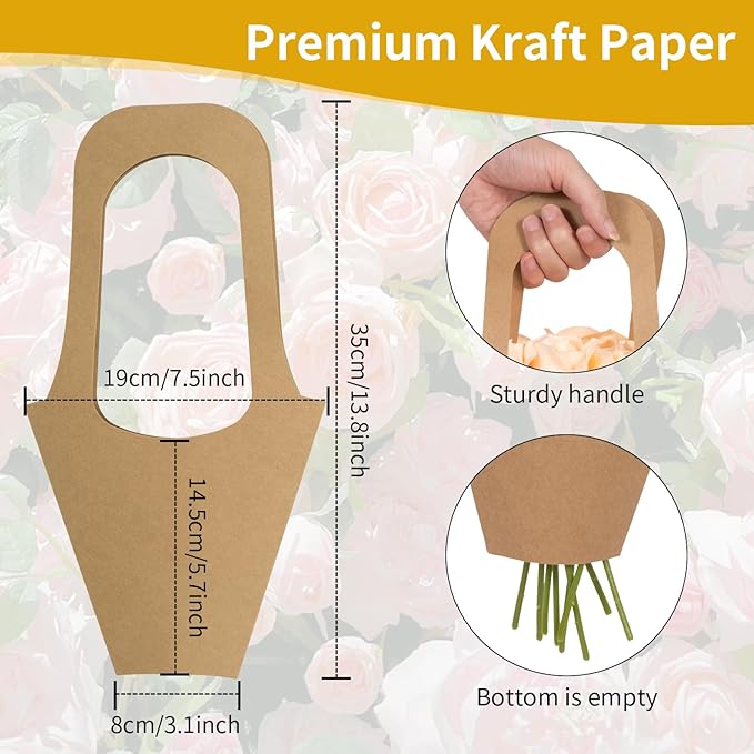 Cyblinia 25 Pack Paper Flowers Gift Bags Flower Bouquet Bags with Handle Flower Wrapping Bags for Wedding,Valentine's Day,Florist Shop Packaging Supplies, Inches, Brown