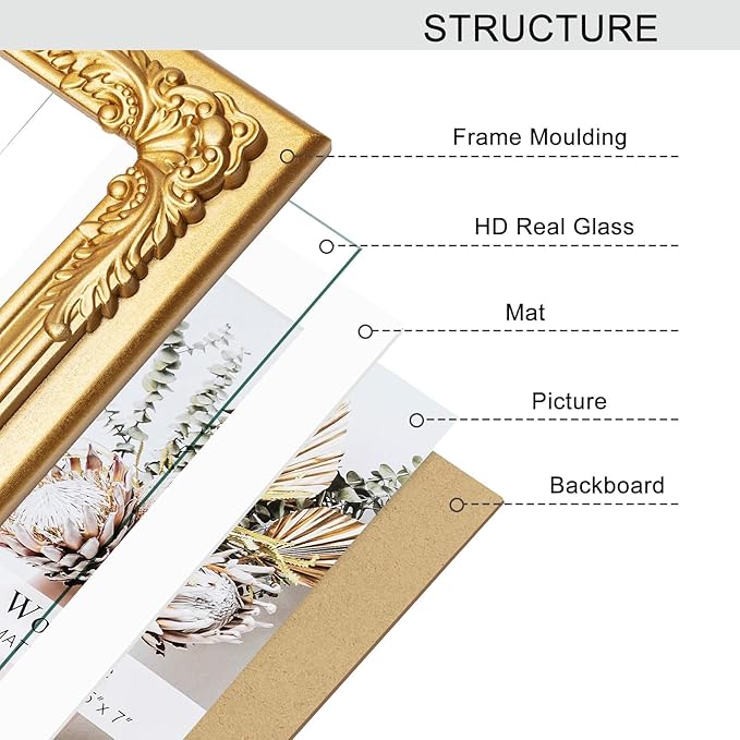 6x8 Gold Picture Frame with Baroque Flower Trim, Solid Wood with Real Glass, Display 6x8 Photos Matted to 4x6, Vertical and Horizontal Desk Tabletop or Wall Hanging，Ornate Vintage Style