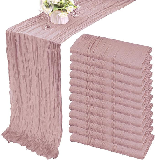 12 Pack 10Ft Cheesecloth Table Runner 35x120 Inch Boho Gauze Rustic Cheese Cloth Long Romantic Table Runner for Wedding Bridal Shower Birthday Party Table Decor (Dusty Pink)