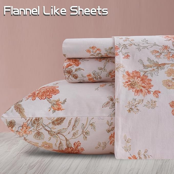 Zusbest King Size Sheets 100% Percale Cotton Orange Floral Bed Sheet Set, Brushed for Extra Softness, Breathable Luxury Flannel Sheets Like Shabby Vintage Flower Print Deep Pocket Bed Set 17.5'' 4 Pcs
