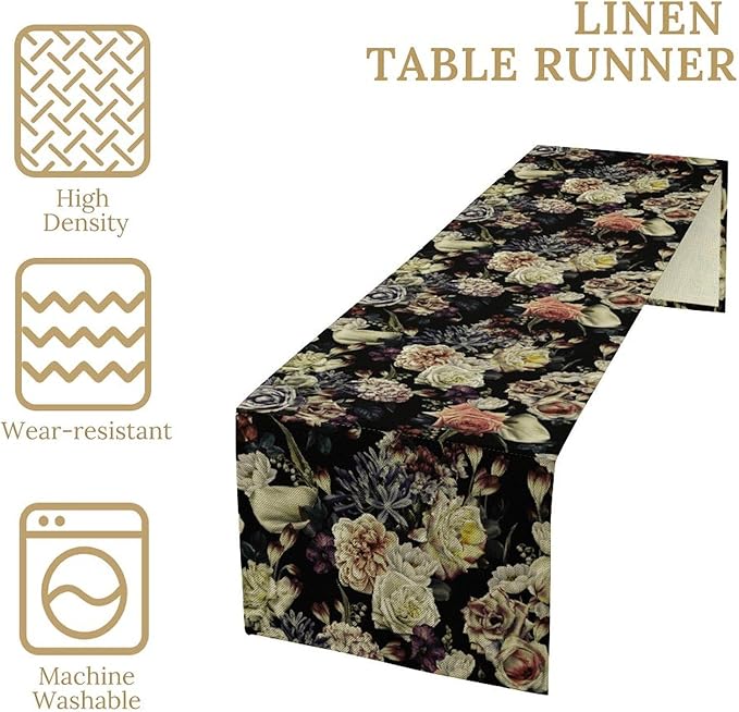 Vintage Flowers Table Runner,Black Rose Peony Gothic Floral Spring Summer Seasonal Table Runner for Home Kitchen Table Dining Indoor Outdoor Party Decor 13x120 Inch