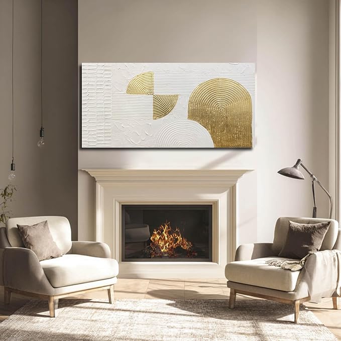 VAYIMDH White Abstract Wall Art Hand Drawn Wall Decor Pictures Semicircle Paintings Arts for Living Room 24"x48" Artwork