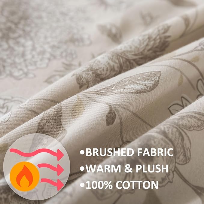 FADFAY Light Khaki Vintage Hydrangea Floral Queen Size Sheets Set 100% Brushed Cotton Shabby Peony Pattern Bedding Set Deep Pocket Sheets with 2 Pillowcases Luxury Daisy Breathable Soft 4pcs, Queen