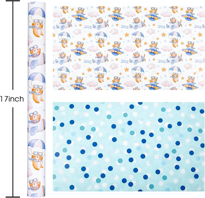 Homeral Baby Shower Wrapping Paper Roll - Adorable Blue Pilot Bear Design, Reversible Gift Wrap for Boys Birthday, Gender Reveal - Stars, Dots, Airplane and Parachute - 17 Inch x 16.5 Feet