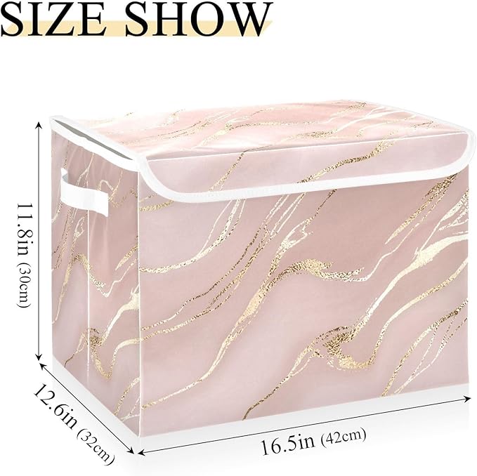 Collapsible Storage Bins with Lids, Rose Gold Pink Marble Storage Boxes for Organizing