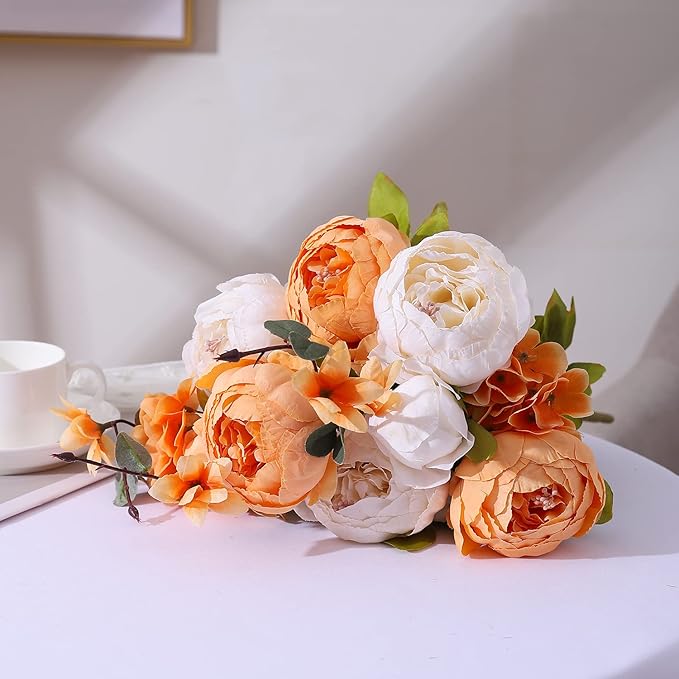 Duovlo Artificial Peony Silk Flowers Fake Flowers Vintage Wedding Home Decoration,Pack of 1 (New Orange)