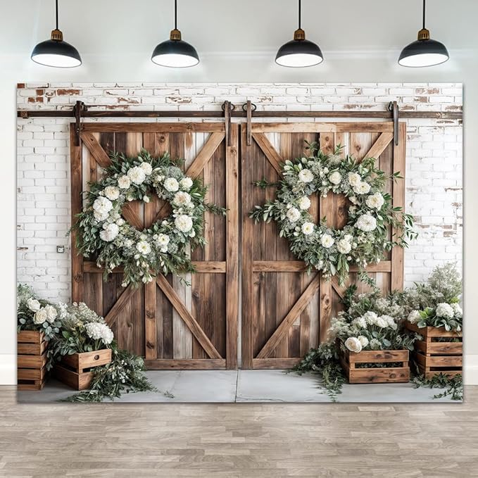 Rustic Barn Door Photography Backdrops, White Flower Wood Brown Barn Door Backdrop, Wedding Birthday Party Decors Photo Booth Props 15x10ft