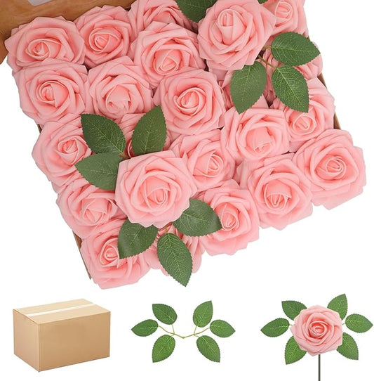 200PCS Artificial Flowers Pink Roses Real Looking Foam Fake Roses with Leaves for DIY Wedding Bouquets Bridal Shower Party Decorations (Pink, 200)