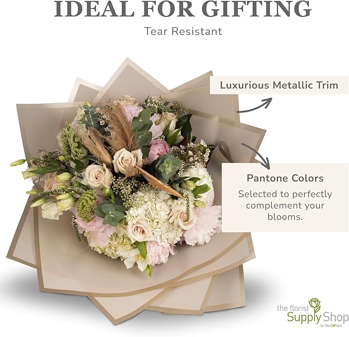 the florist Supply 20 Sheets Premium Flower Wrapping Paper | Waterproof Flower Wrapping Paper for Bouquets | Double Sided Floral Bouquet Sheets | DIY Gifts Borderline Khaki/Bronze