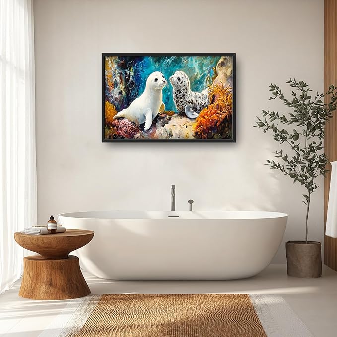 Extra Large Seal Framed Wall Art for Living Room,Oversized Underwater Animal Pictures Wall Decor,Ocean Coral Reef Canvas Print Painting Modern Artwork Bedroom Office Bathroom 36L x 24W