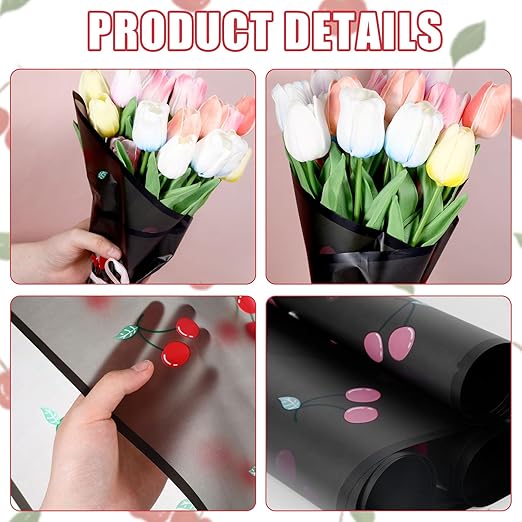 20 Sheets Bouquet Wrapping Paper, 22.4Inch Black Cherry Pattern Flower Floral Wrapping Black Floral Paper for Bouquets Kit, Waterproof Decorations with Ribbon for DIY Crafts Wedding Birthday Party