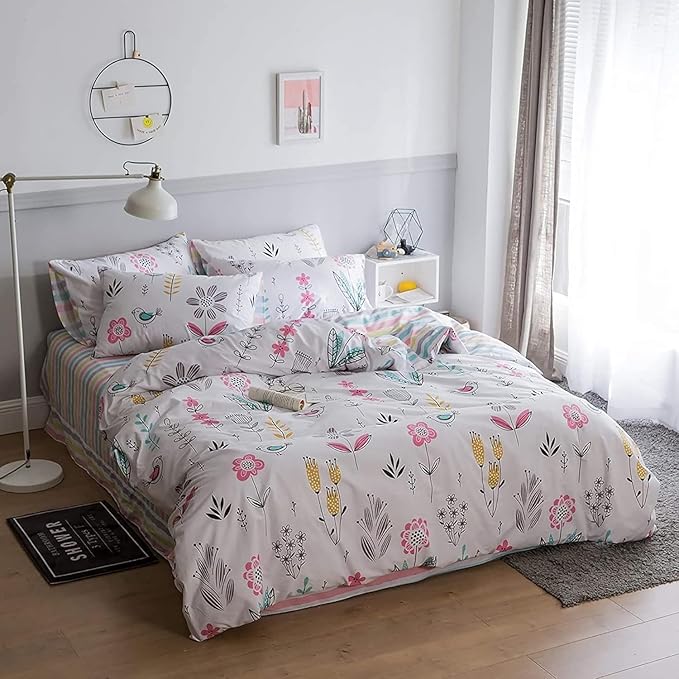 Floral Girls Duvet Cover Twin Boho Floral Bird Print Bedding Sets Garden Style Cotton Comforter Cover Reversible Striped Bedding Sets Kids Teens Bedroom Comforter Cover Aesthetic Duvet Cover Set