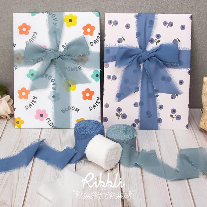 Ribbli Slate Blue Chiffon Ribbon 1-1/2 inch x 20 Yard Handmade Fringe Chiffon Silk Ribbon for Wedding Invitations, Bridal Bouquets Wrapping, Flower Arrangement Decoration