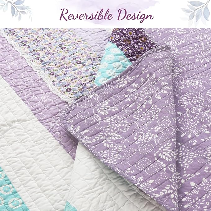 Cozy Line Home Fashions Purple Baby Blue Floral Striped Ruffle Girl 100% Cotton Reversible Quilt Bedding Set, All-Season Coverlet Bedspread (Lilac Flower, Twin-2 Piece)