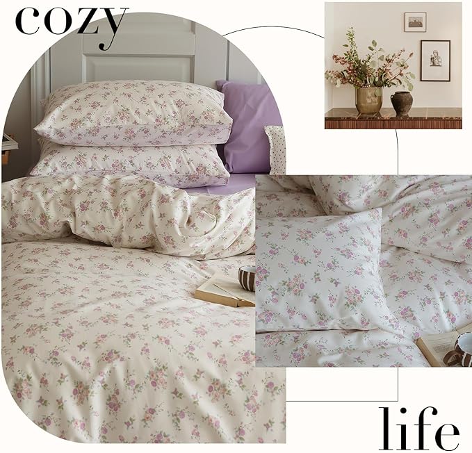 LifeTB Pink Floral Duvet Cover Set Full Soft Cotton Cute Pink Flower Duvet Cover with 2 Pillowcases Garden Floral Girls Cottagecore Bedding Set Flower Botanical Vintage Country Comforter Cover Full