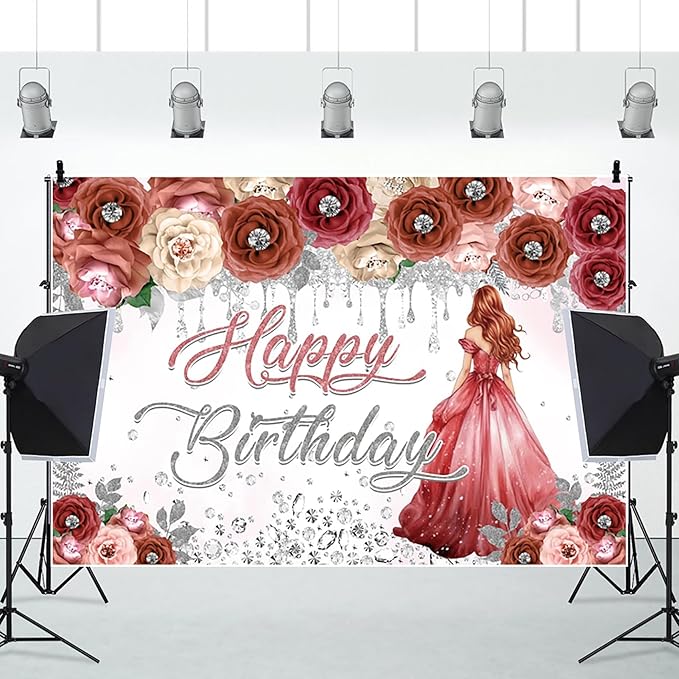 AOFOTO Happy Birthday Backdrop Red Beige Pink Rose Floral Diamond Print Photography Background for Women Girls Birthday Party Banner Home Wall Decor Photo Studio Booth Props 7x5ft