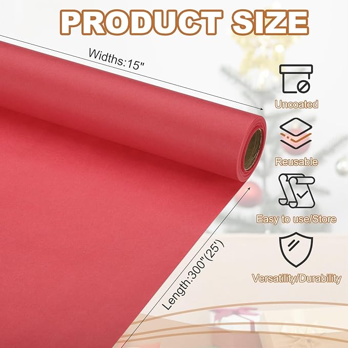 PATIKIL Wrapping Paper, 15" x 300"(25') 70 GSM Craft Paper Roll Kraft Packing Paper for Poster Bulletin Board, Gift Wrapping, Red