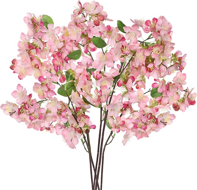 DILATATA Artificial Cherry Blossom Flowers 5 Pcs Silk Cherry Blossom Stems 22 Inch Long Stems Faux Silk Peach Flowers for Tall Vase Spring Decor Wedding Party Home Table Arrangement - Pink