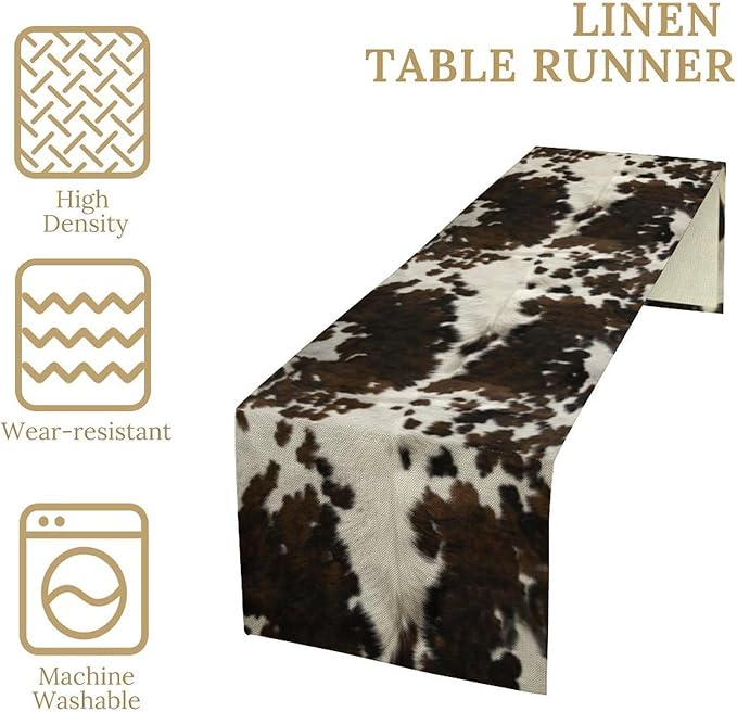 Cow Print Table Runner, Brown Cowhide Print Western Style Table Runner Country Farmhouse Cottage Cow Patten Table Decoration for Home Kitchen Dining, 13x36 Inch