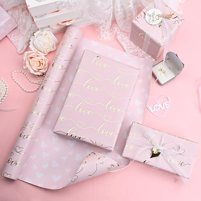 Burymento Pink Love Wrapping Paper, Reversible Pink Heart Gift Wrap for Birthday, Valentines, Mothers day, Graduation, Wedding, Fathers day, Baby Shower, Christmas (17in x 32.8ft)
