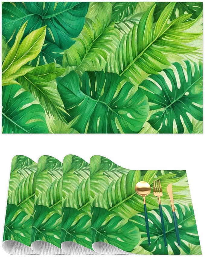 Green Summer Palm Leaf Placemats Set of 1 PVC Vinyl Non Slip Table Mats Waterproof Heat Resistant Place Mats Washable Wipeable Dining Table Mat for Kitchen Party Indoor Outdoor Decorative