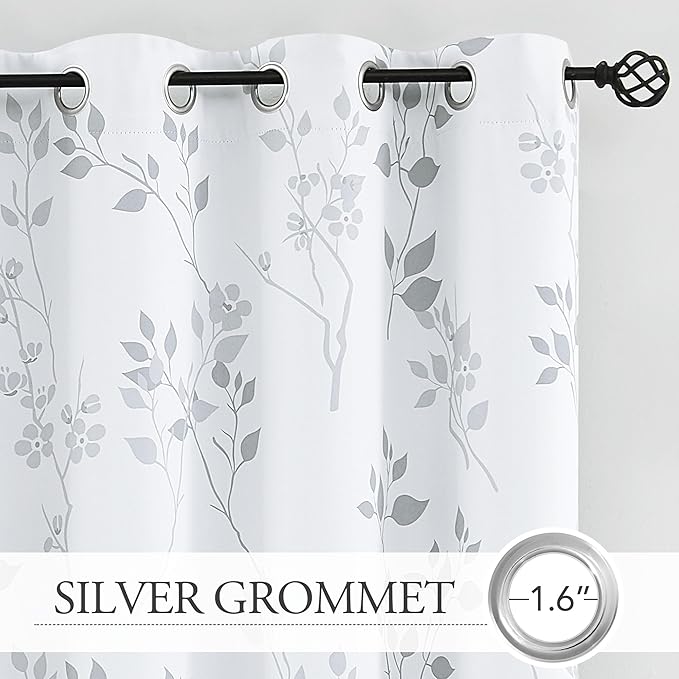 Beauoop Floral 100% Blackout Curtains 108 Inches Long 2 Panels for Bedroom Living Room Grey White Flower Patterned Room Darkening Thermal Insulated Soundproof Grommet Window Treatments Drapes, 52X108