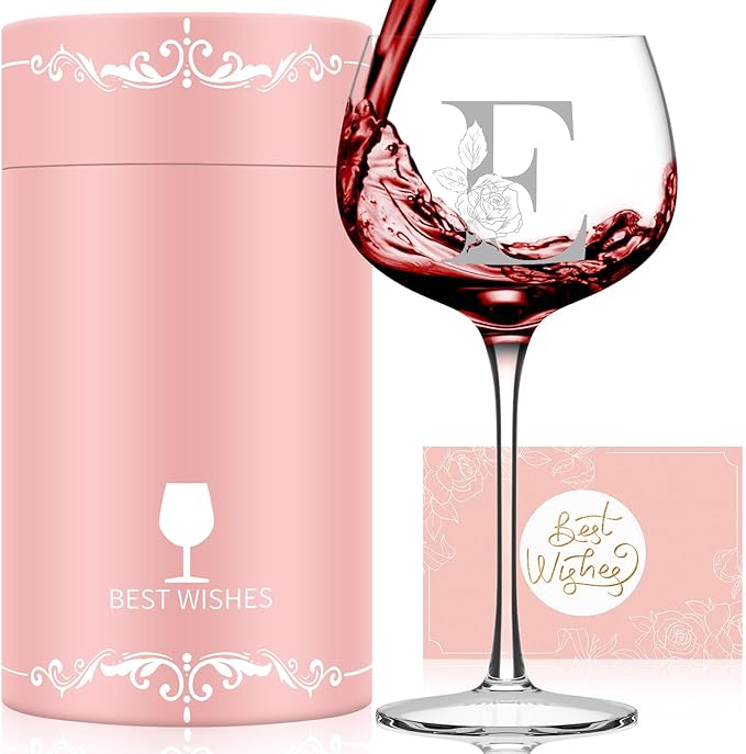 Personalized Gifts for Women, Monogrammed A-Z Wine Glass Customized Gift, Unique Christmas Birthday Gifts for Women Her Mom Friend Sister Wife Daughter Nurse (E)