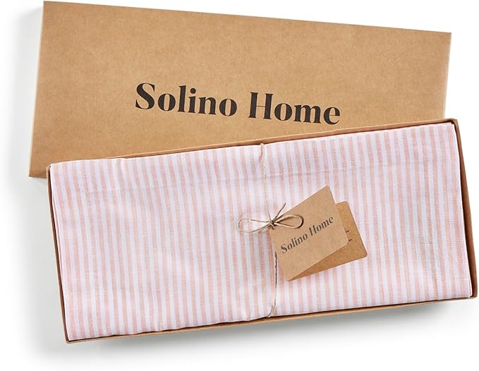 Solino Home Linen Table Runner 72 Inches Long - Narrow Stripe, 100% Pure Linen Peach and White Table Runner 14 x 72 Inch for Dining, Dresser, Valentines, Spring, Easter