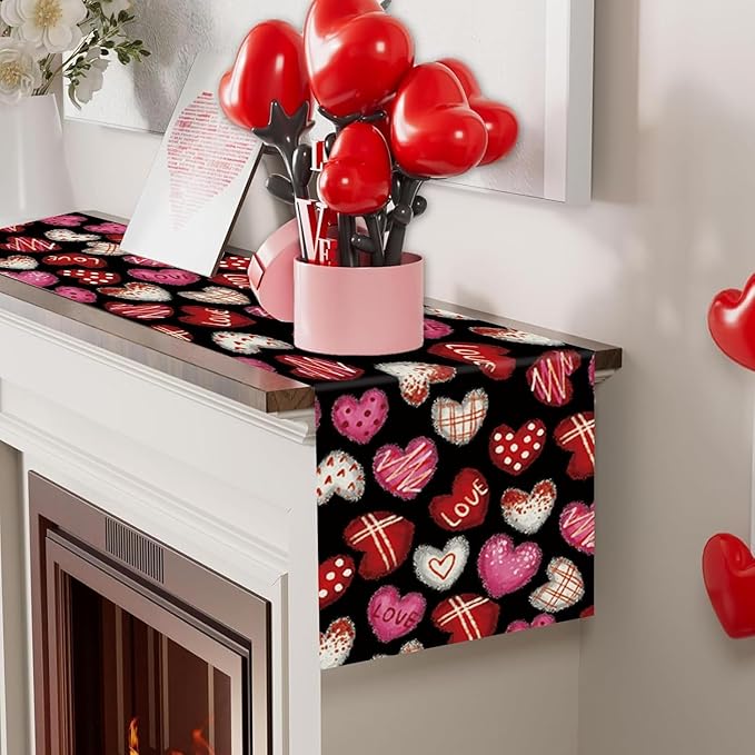 Valentines Day Decorations Table Runner Love Hearts Black Kitchen Dining Table Decor Holiday Anniversary Indoor Outdoor Party Suppies 36×13 Inch