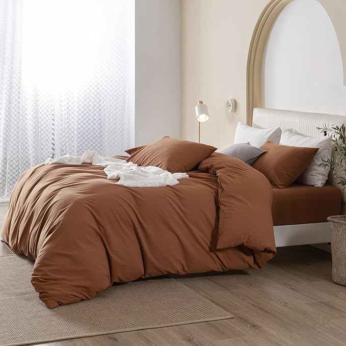 JIYUAN 100% Washed Cotton Duvet Cover Set 3 Pieces Cal King, 1 Duvet Cover 104x98 Inches(Comforter Not Included) and 2 Pillowcases,Linen Feel Bedding Set Comfy and Breathable,Burnt Orange