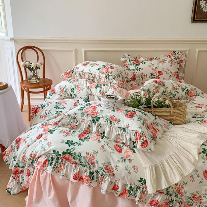 Girls Flower Comforter Set Twin XL Boho Style Pink Floral Comforter with Romantic Ruffle Aesthetic Rose Flower Cottagecore Bedding Set Fluffy Soft Vintage Botanical Comforter Set with 2 Pillowcases