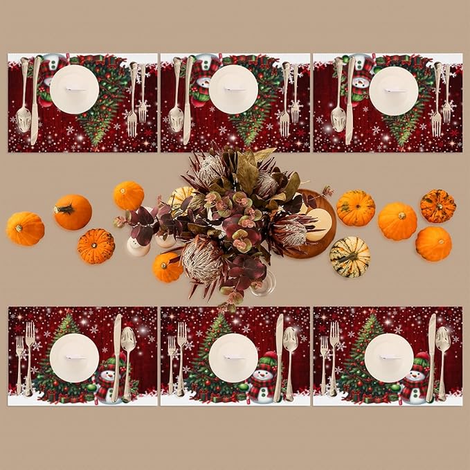 Xmas Christmas Tree Snowman Red Placemats Set of 1 PVC Vinyl Non Slip Table Mats Heat Resistant Place Mats Washable Wipeable Dining Table Mat for Kitchen Decor Party Indoor Outdoor Decorative Gift
