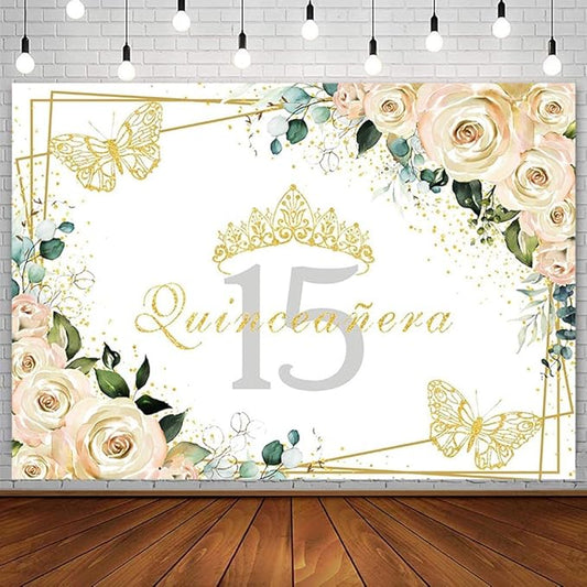 SENDY 8x6ft Quinceañera Backdrop Mis Quince 15 Anos Birthday Party Decorations Supplies for Girl Princess White Floral Gold Crown Butterfly Photography Background Banner Photo Booth Studio Props Vinyl