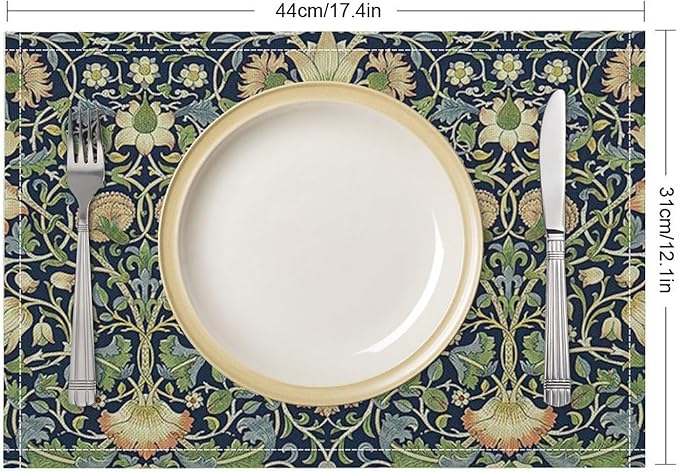 William Morris Flower Placemats Set of 6, Vintage Botanical Plant Place Mats, Heat Resistant Non Slip Cotton Linen Dining Table Mats for Home Kitchen Party 18x12 Inch