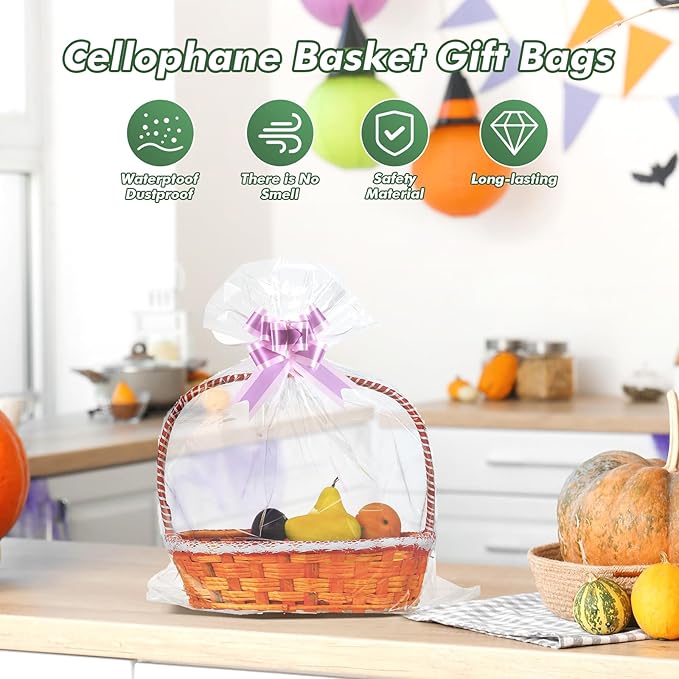 30 Packs 32” x 40” Gift Wrap Cellophane Bags for Basket Extra-large Jumbo Clear Cellophane Wraps Clear Huge Cello Bags for Basket, Gift, Christmas Tree, Treat, Art and Craft, 30ct Purple Ribbon Bows