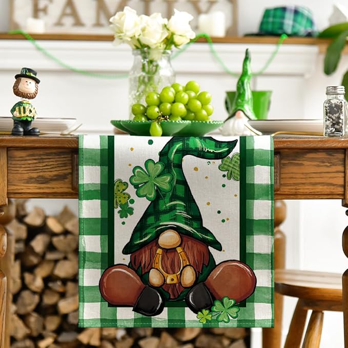 Artoid Mode Shamrock Lucky Buffalo Plaid Gnomes St. Patrick's Day Table Runner, Kitchen Dining Table Decor for Outdoor Home Party Decor 13 x 90 Inch