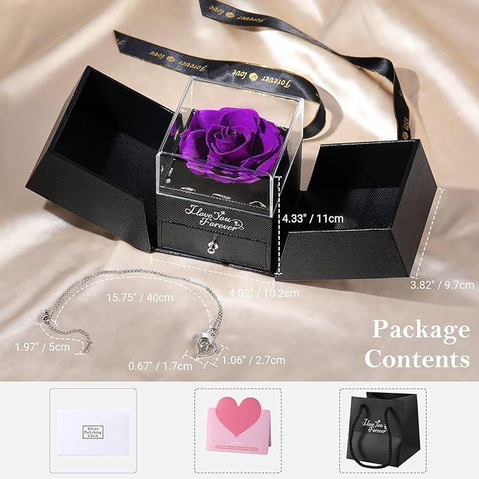 Emibele Preserved Rose Gifts for Women, Eternal Flower Rose Box with Heart Necklace, Romantic I Love You Gifts for Her Women Wife Mom Grandma on Valentines Mothers Day Birthday Anniversary