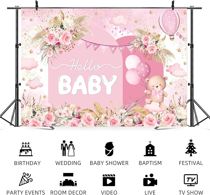 9x6ft Hello Baby Backdrop Pink Gold Boho Floral Bear Baby Shower Photography Background Balloon Stars Clouds Banner Decorations Welcome Newborn Celebration Party Portrait Photo Booth Prop