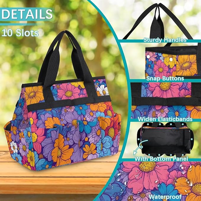 Garden Tool Bag Organizer Garden Tote Bag with Pockets Rainbow Flowers Tool Storage Organizer Gardening Tool Kit Holder 13" x 6.8" x 2.8"