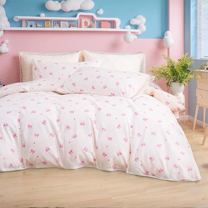 Pink Bow Duvet Cover Set King 100% Nature Cotton Duvet Cover 3 Pcs Girls Cute Comforter Cover with Zipper Closure Ultra Soft Breathable Bedding Set for All Seasons