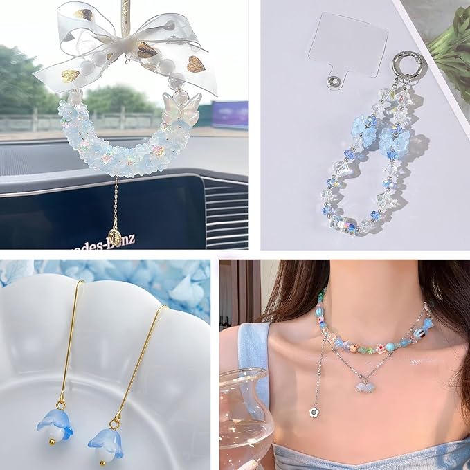 LadayPoa 350pcs Glass Bellflower Beads for Jewelry Making Trumpet Flower Beads Gradient Clear Cute Bead for Bracelets Making Aesthetic Bead Charms for DIY Necklace Decoration-Blue Series